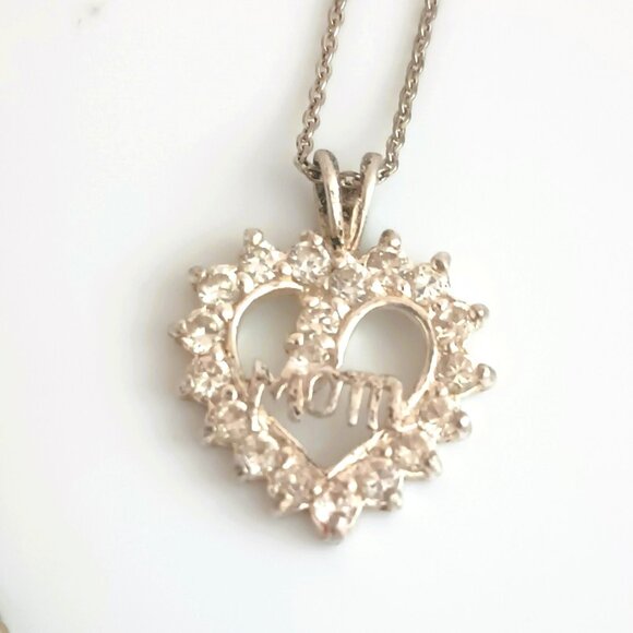 Sterling Silver Mom Heart Necklace 20" 925 CZ  Cluster Pendant and Chain - Picture 1 of 9